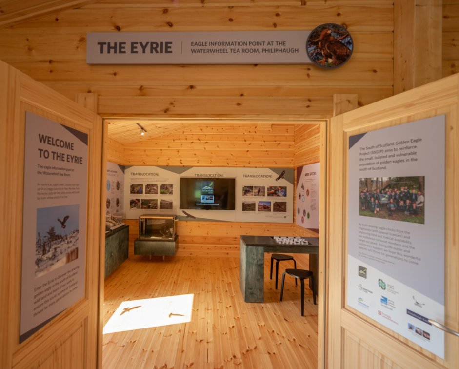 A view inside the Eyrie room showing display panels and cases