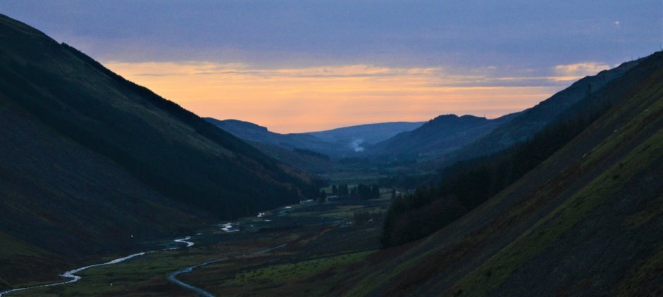 Looking up the Moffat Valley from Grey Mares Tail in the evening