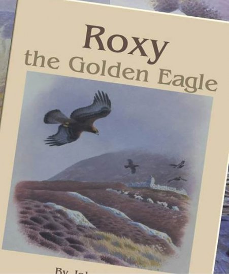 Front cover of 'Roxy the Golden Eagle' book for children showing a soaring golden eagle above a hilly landscape